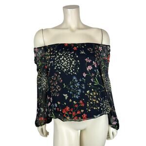 Alice & Olivia Floral Print Off the Shoulder Top Size XS Black Sheer Sleeve